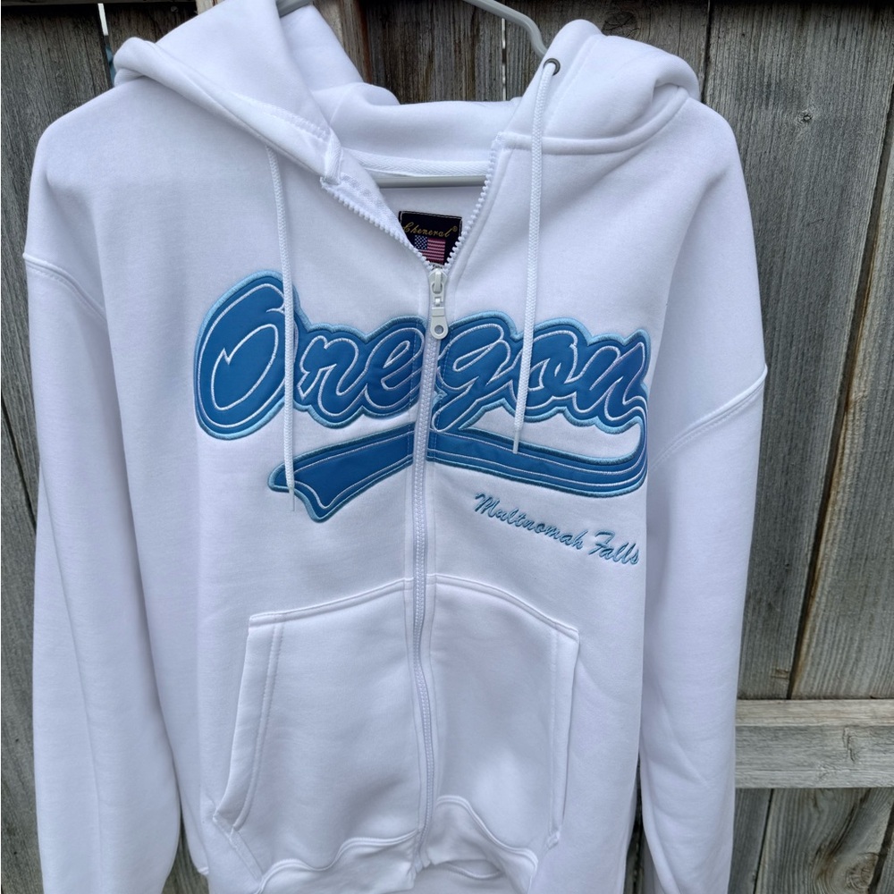 White Zip-Up Hoodie with Blue Oregon Design
